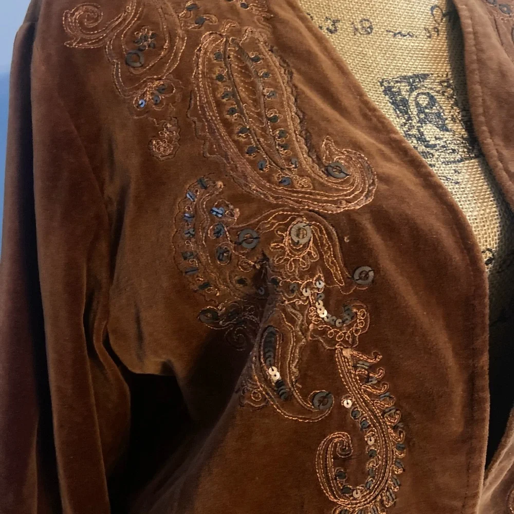 Chico's Sz 2 Rich Rust Velvet Sequined Embroidered Women’s Blazer - Picture 3 of 12